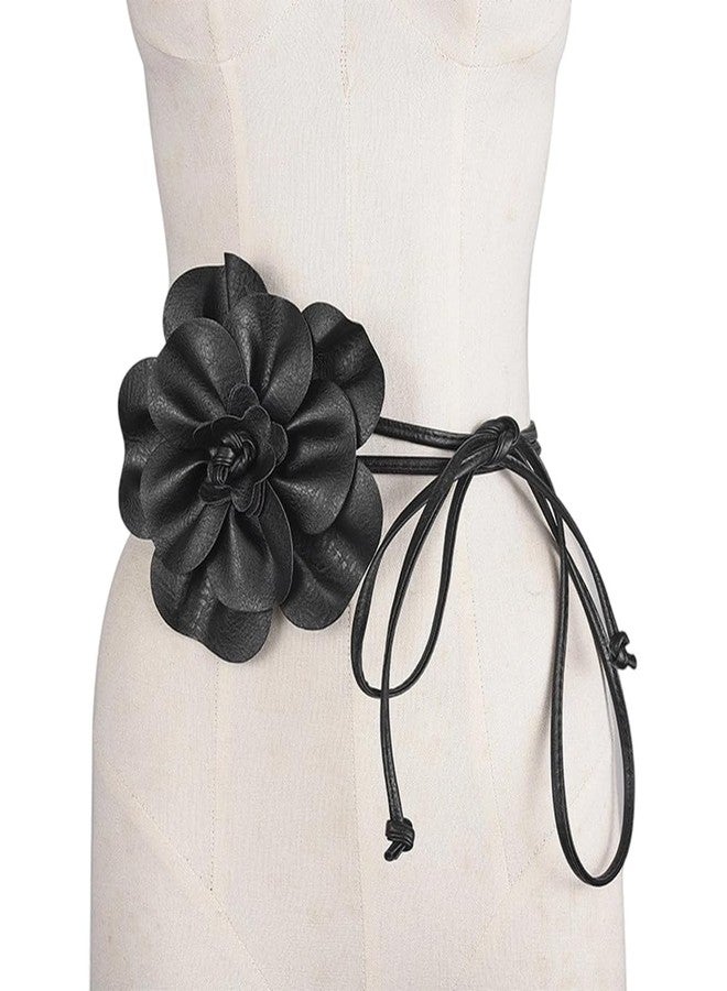 CALFOVERA 0.3 Inch PU Leather Skinny Waist Belt Black Boho Flower Leather Rope Tassel Waistband Thin Elegantes Big Flower Decor Belts Slim Waist Strap Band for Women Dress Shirts Wedding - Image 2